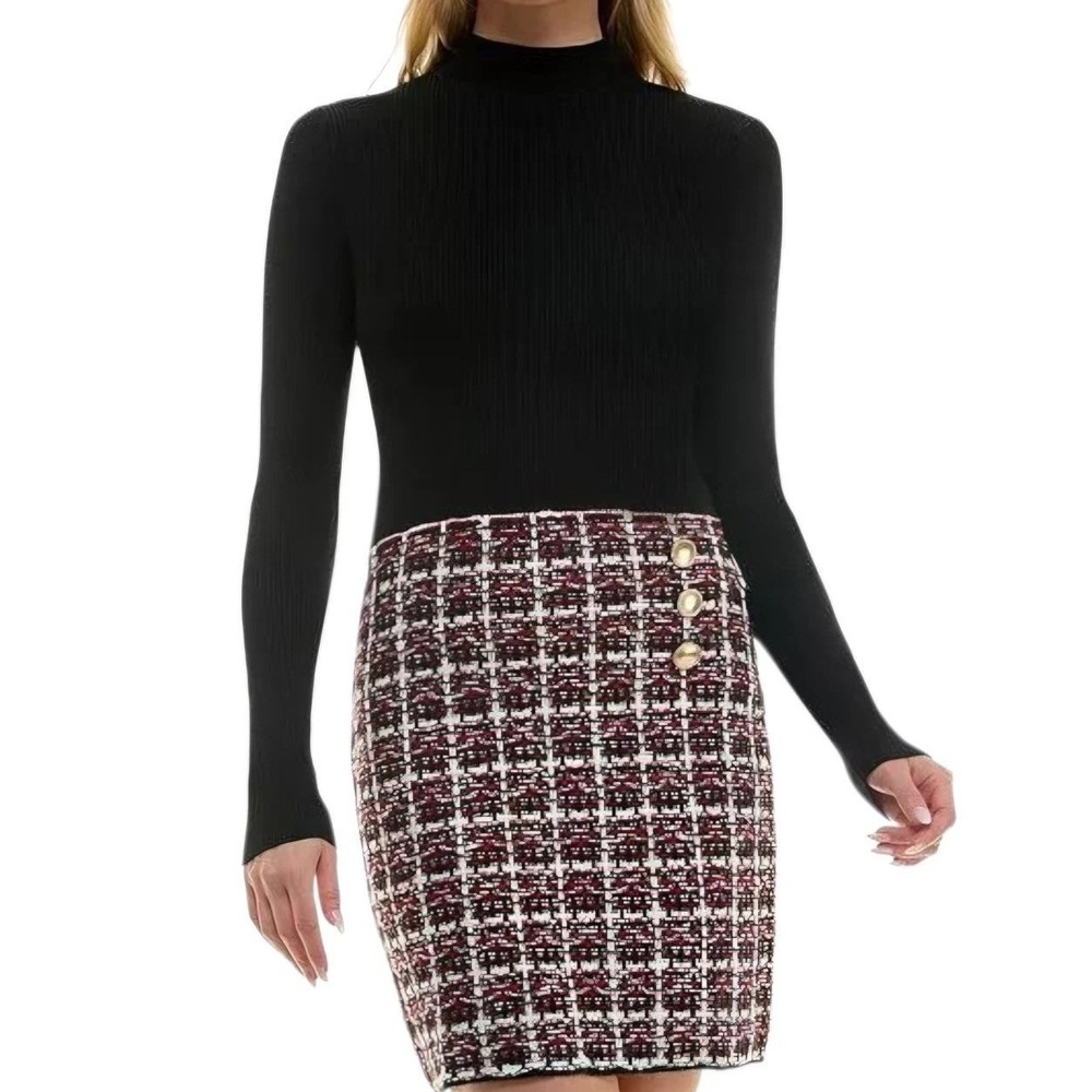 BCX Juniors Sweater Dress Combo Tweed Skirt Long Sleeve Plaid Black Red‎ Medium